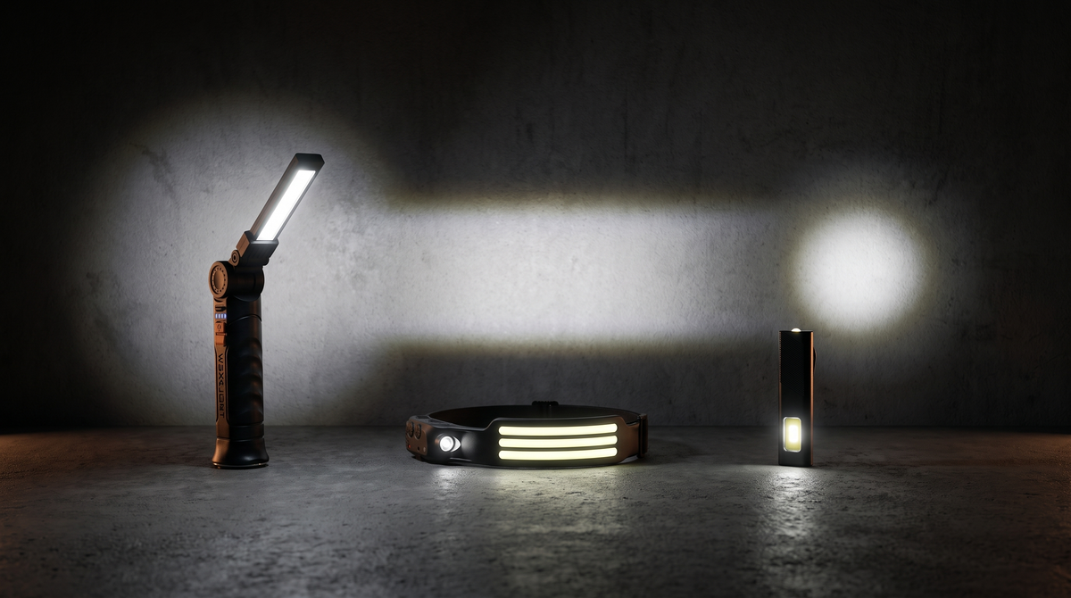 Three lights showing different beam patterns on a wall