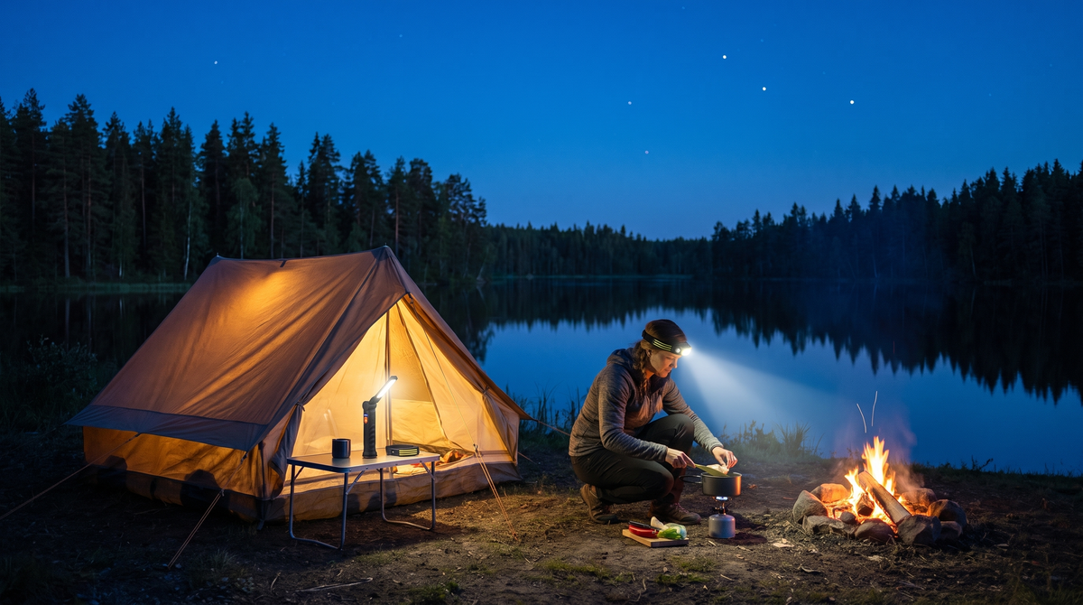 Lakeside campsite at dusk lit by a headlamp and a tent light