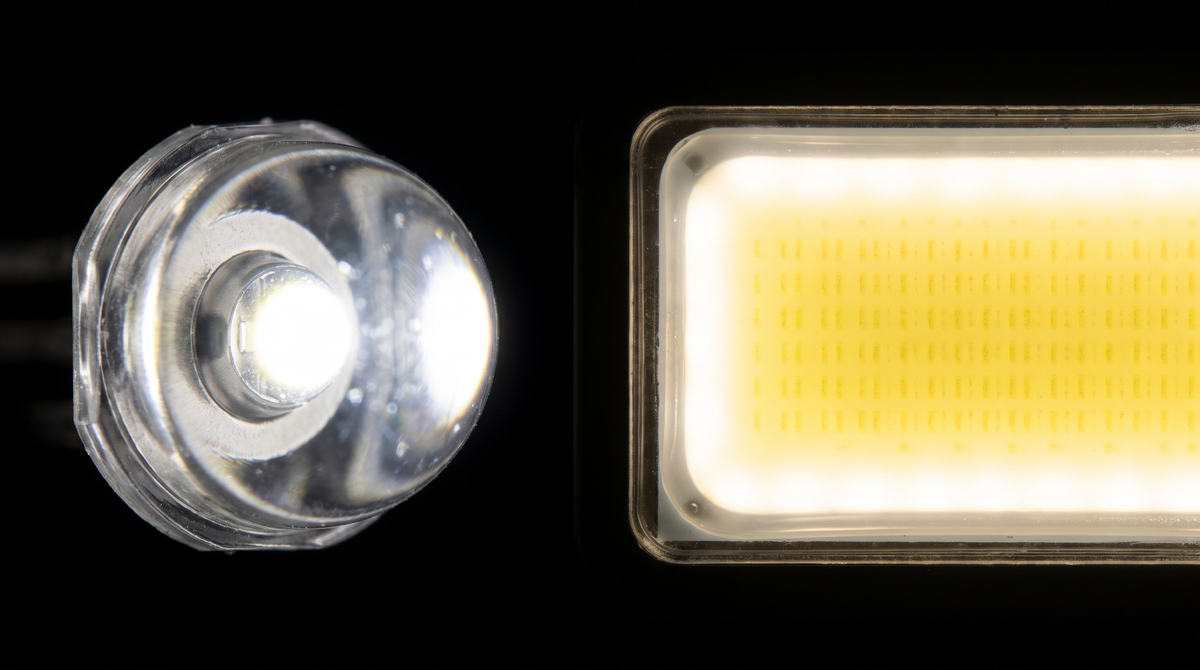Macro of a single LED emitter next to a COB LED panel