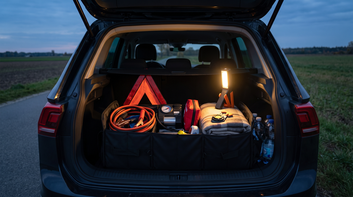 Car emergency kit organized in an SUV trunk
