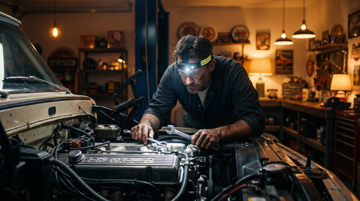 Mechanic wearing a headlamp while working on a pickup engine