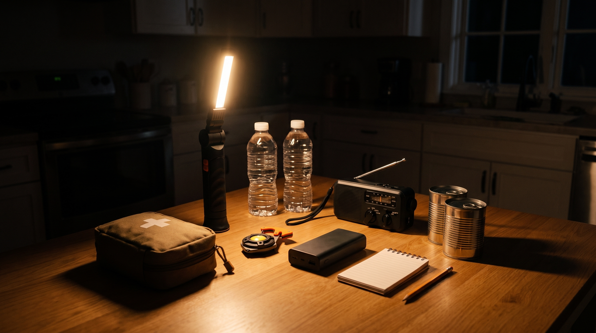 Home emergency kit on a kitchen table lit by a work light