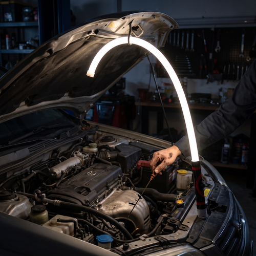 Flexline hooked over a car hood latch lighting the engine