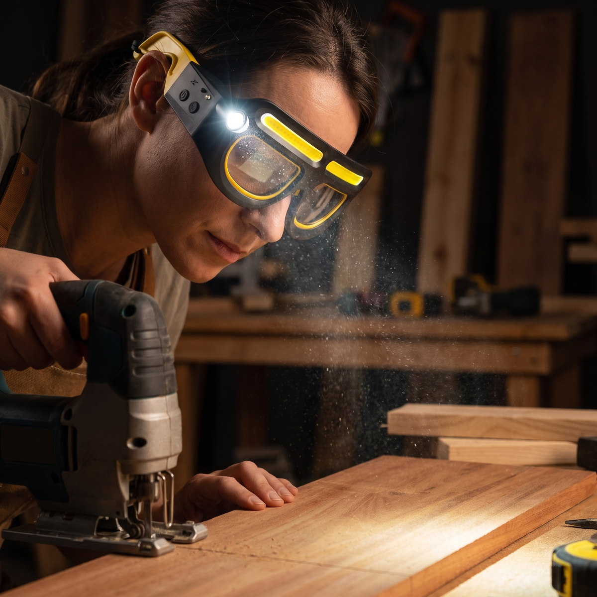 Visor light glasses used for woodworking