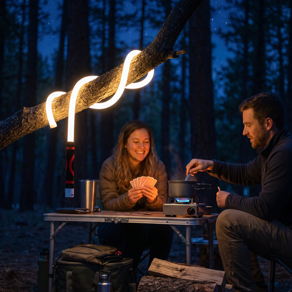 Flexline wrapped around a branch at a campsite