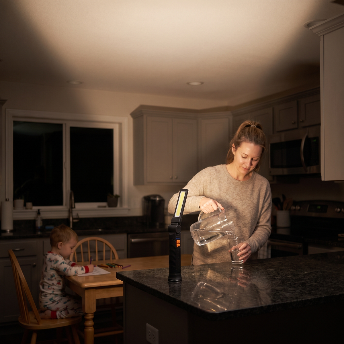 Fold 360 lighting a kitchen during a power outage