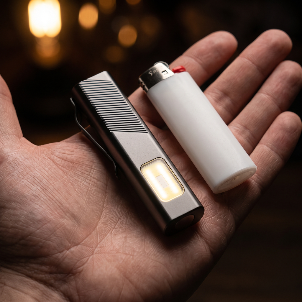 Slate EDC light next to a lighter for size