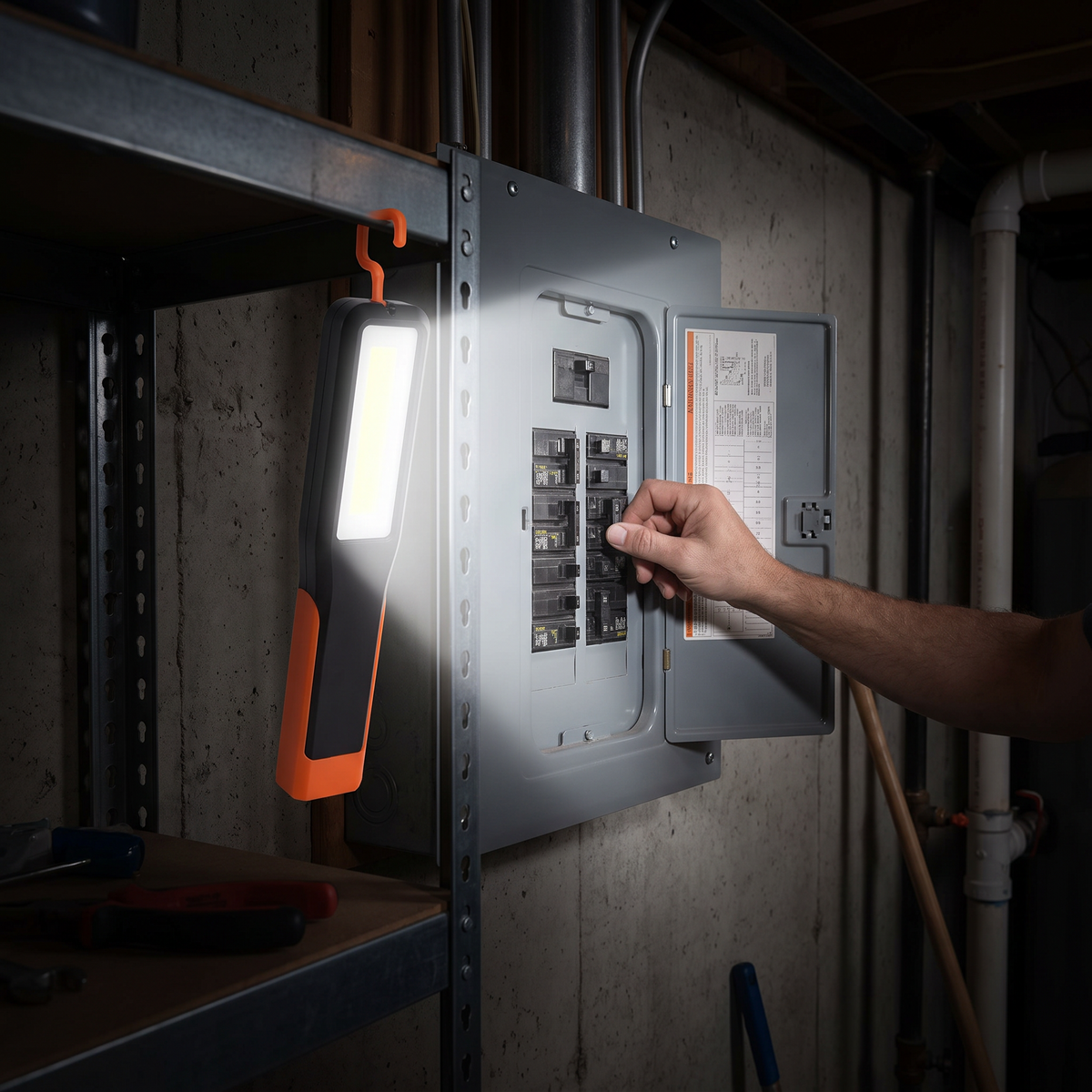 Pivot hanging by its hook at a breaker panel during a power outage