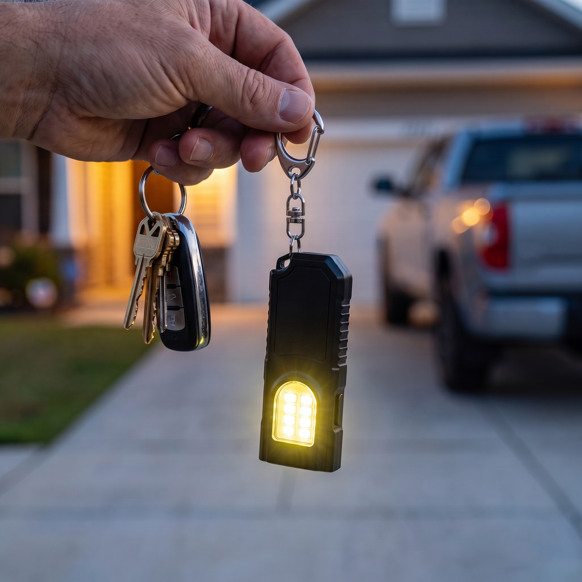 Spark keychain light on car keys, shown to scale in hand
