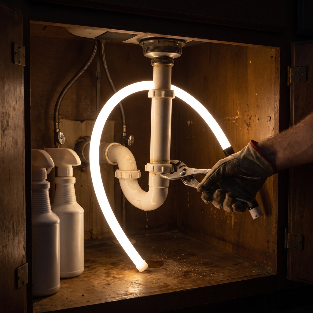 Flexline draped over a sink drain pipe