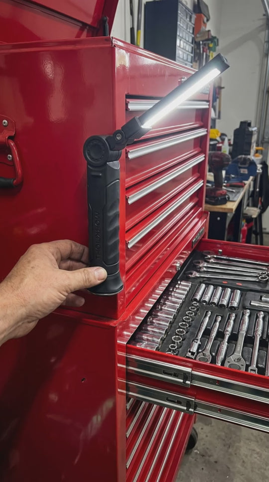 Fold 360 stuck to a steel tool chest by its magnetic base
