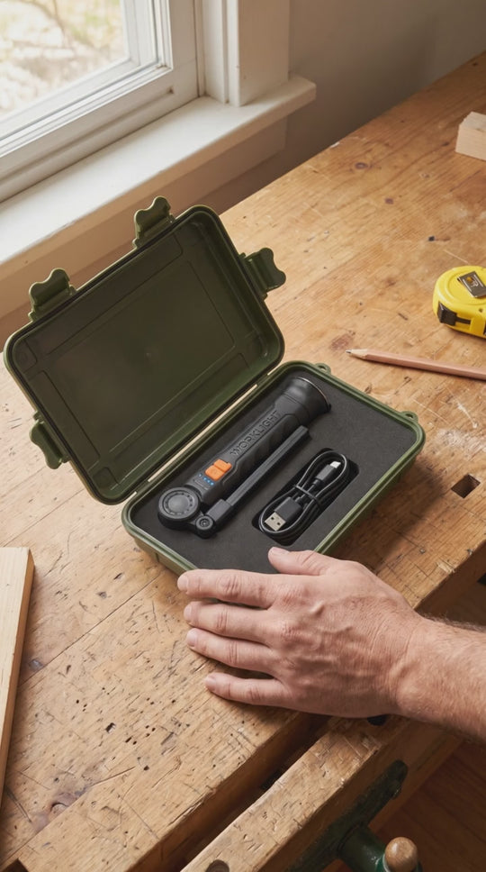 Unboxing the Fold 360 work light from its hard gift case