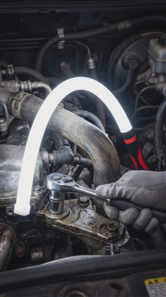 Flexline bendable light over an engine while a mechanic tightens a bolt with a ratchet
