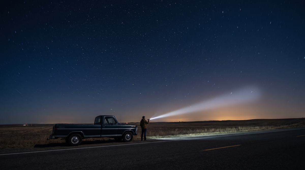 Pickup truck on a country road at night under the stars