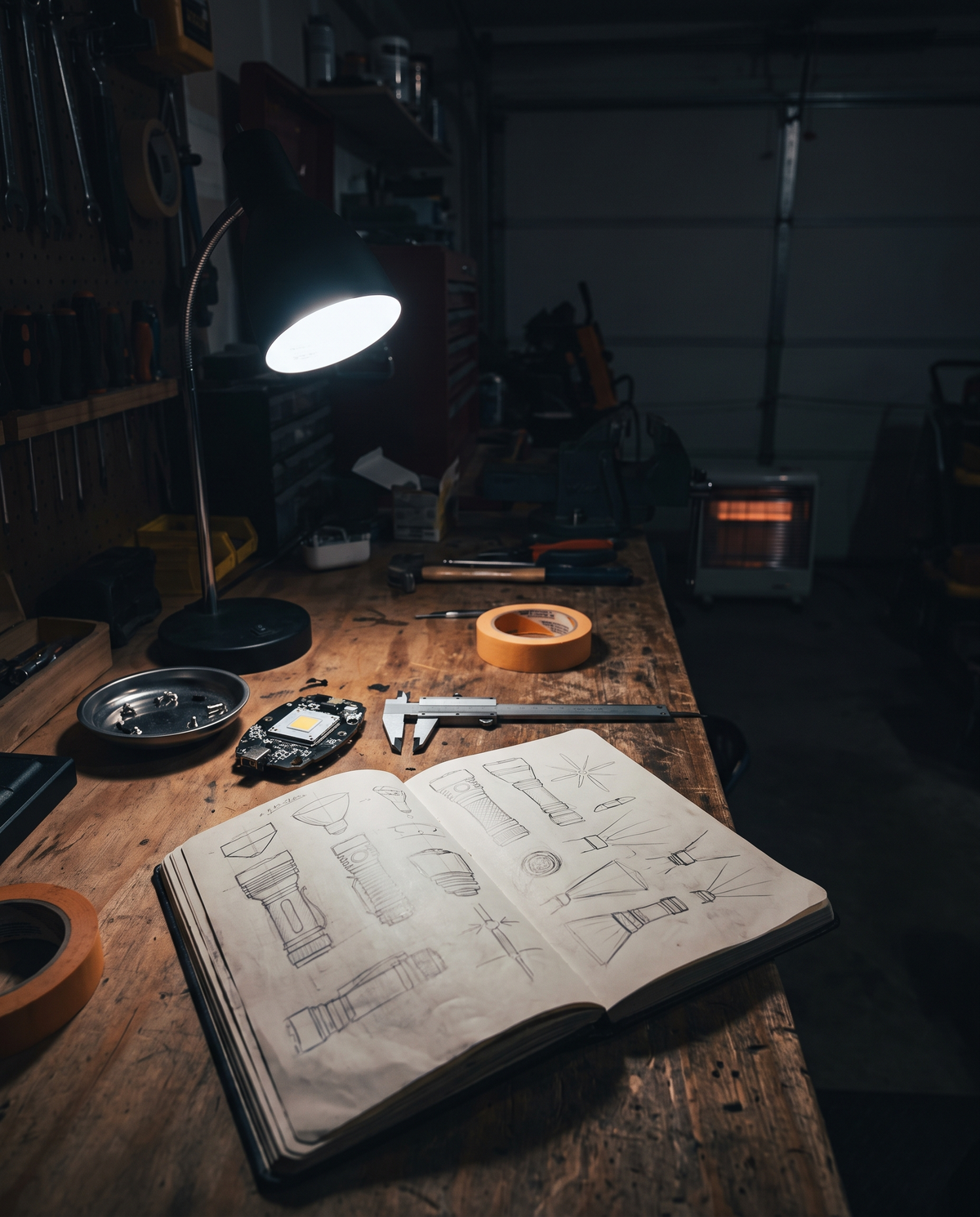 Workbench with flashlight sketches and LED parts
