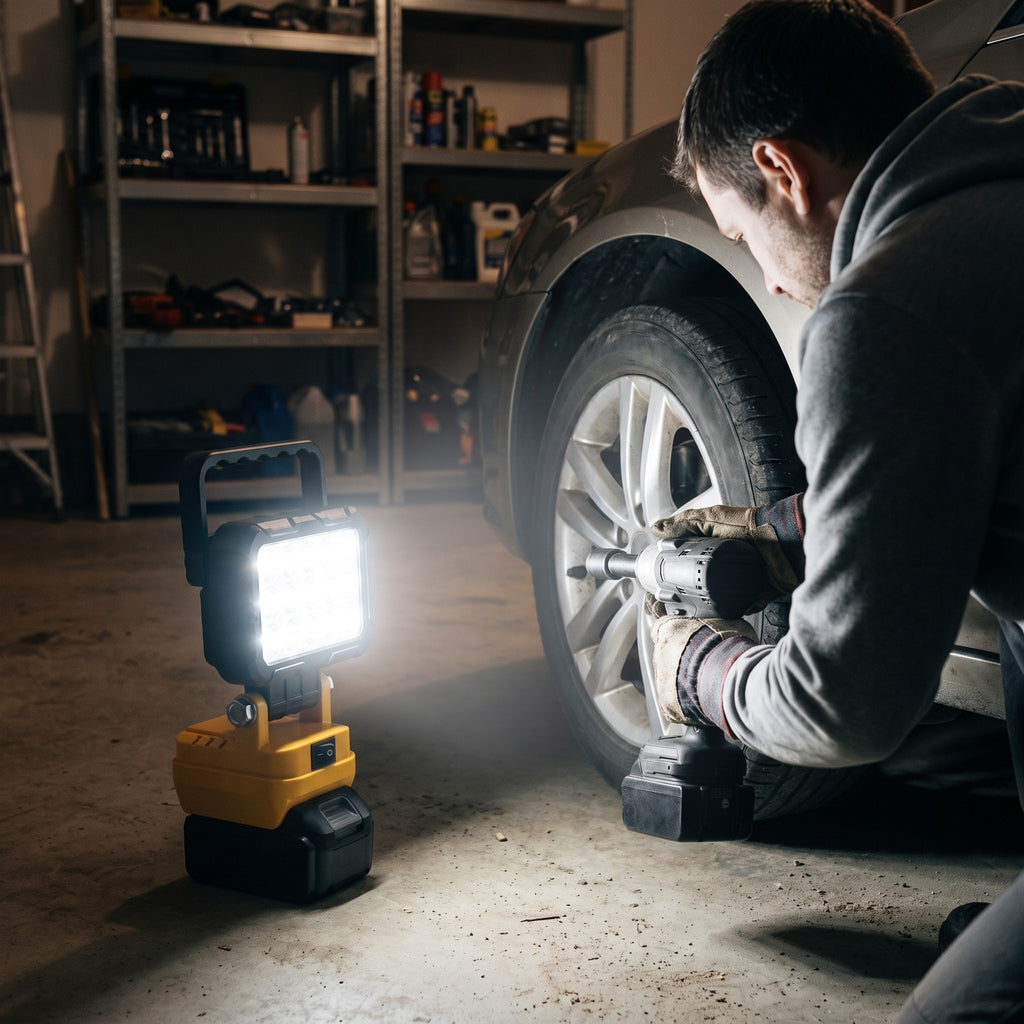 Warden Anvil work light lighting a car wheel in a garage at night