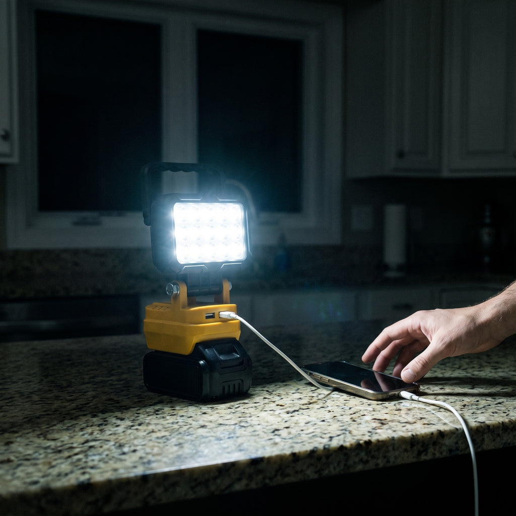 Warden Anvil work light charging a phone during a power outage