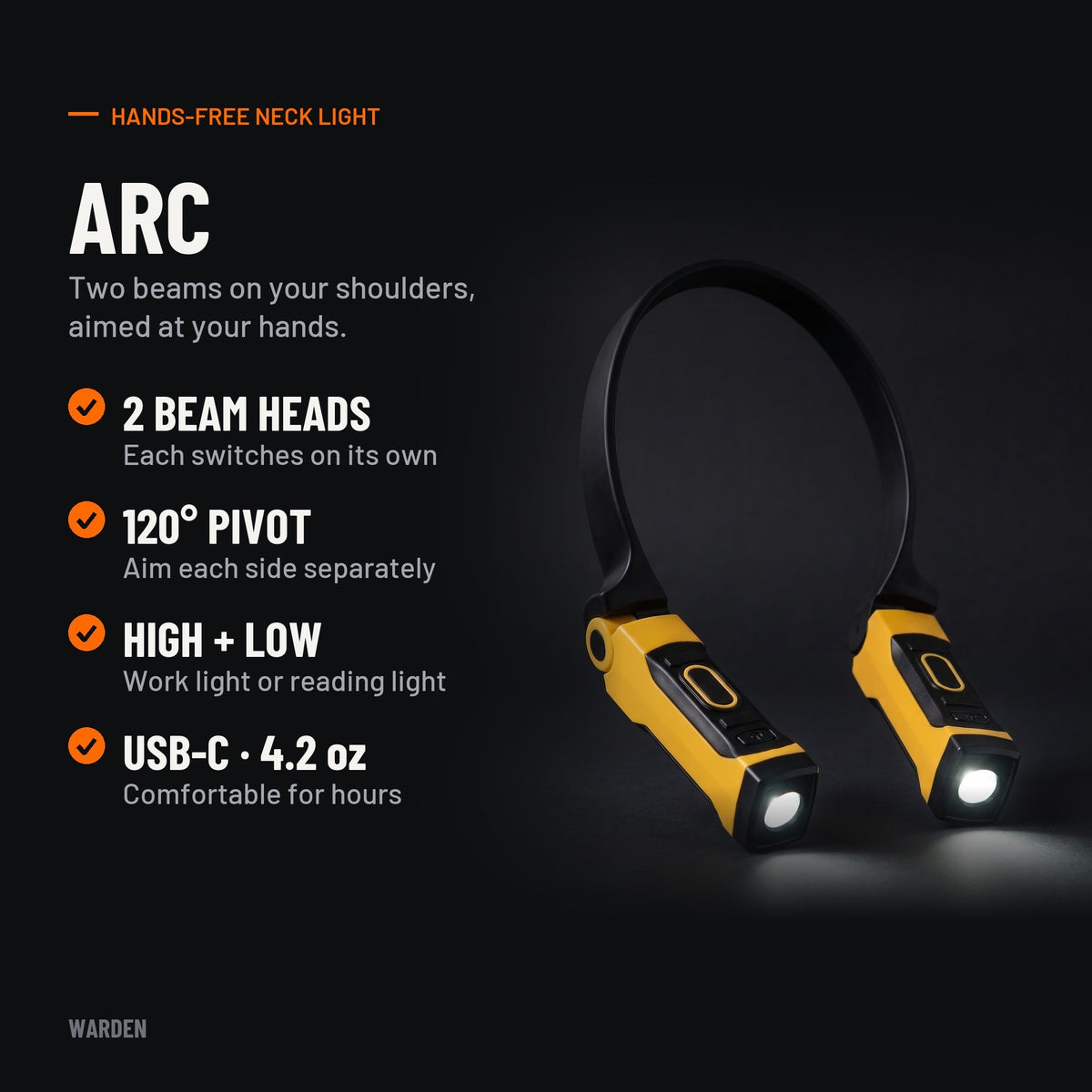 Warden Arc features: 2 beam heads, 120 degree pivot, high and low, USB-C