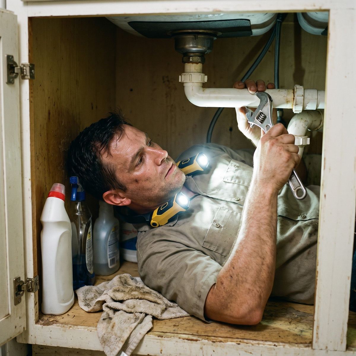 Fixing a sink drain with the Warden Arc neck light