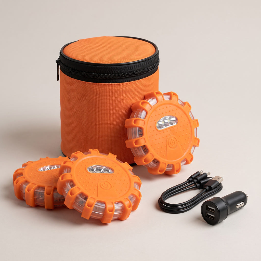 Warden Beacon LED road flares 3-pack with storage bag, 3-in-1 USB cable and car charger