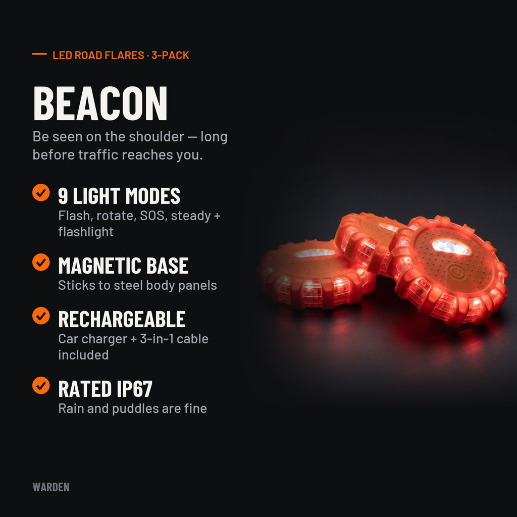 Warden Beacon features: 9 light modes, magnetic base, rechargeable, rated IP67