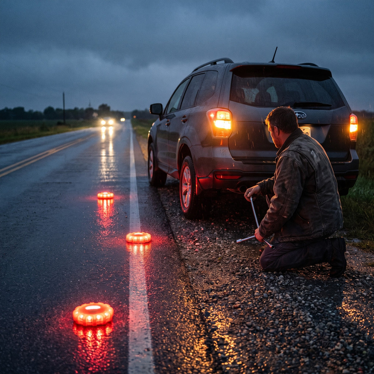 Warden Beacon road flares glowing behind a car stopped on a wet highway shoulder at night