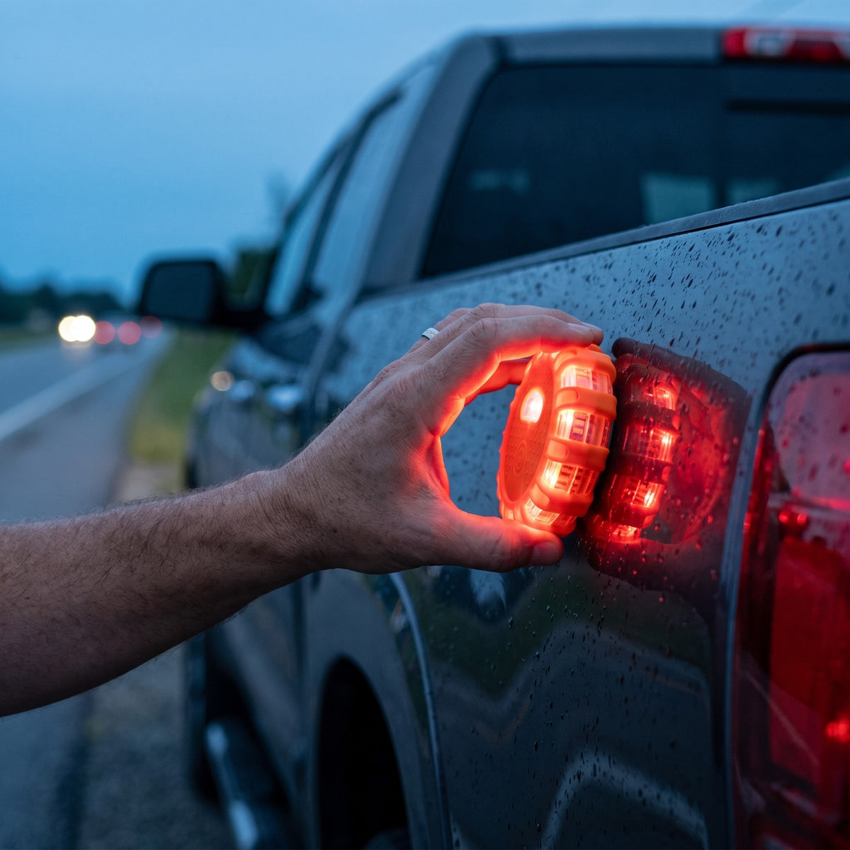 Warden Beacon flare held by its magnetic base on the side of a pickup truck