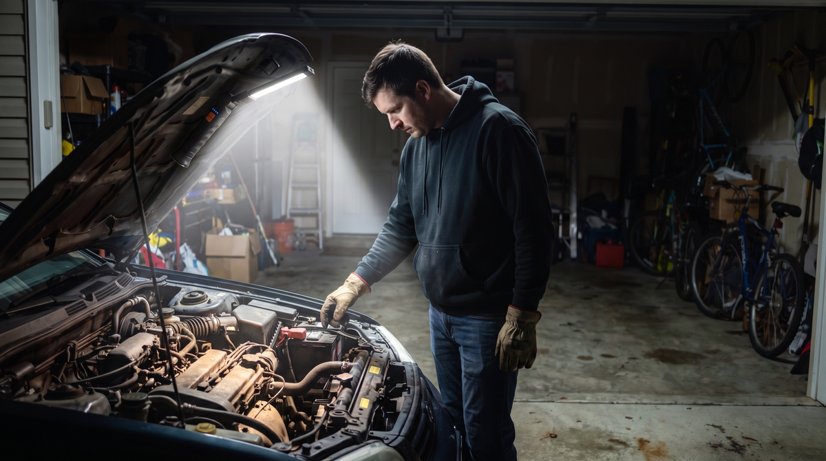 Engine bay lit evenly by a Warden Fold 360 work light