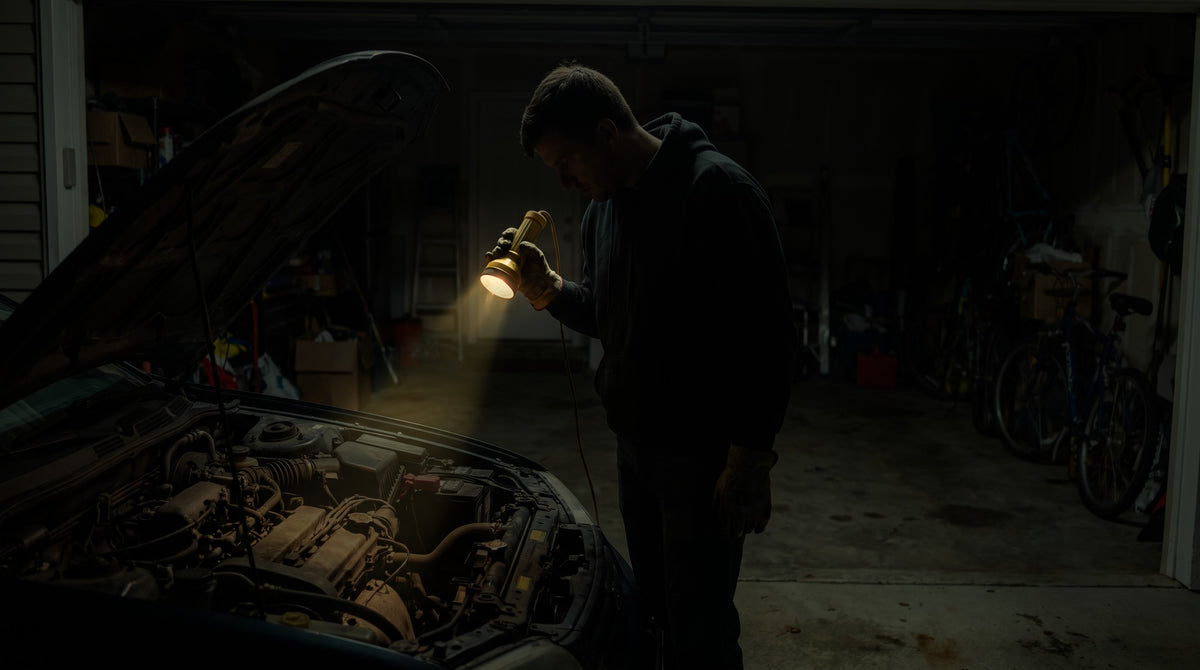 Engine bay barely lit by a basic 2xAA incandescent flashlight