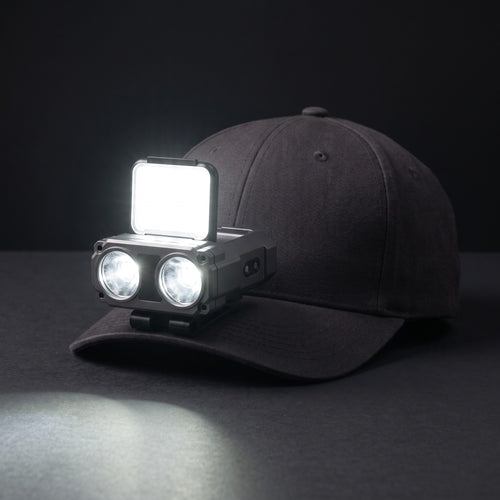 Warden Brim headlamp clipped to a cap brim, spot and flood on