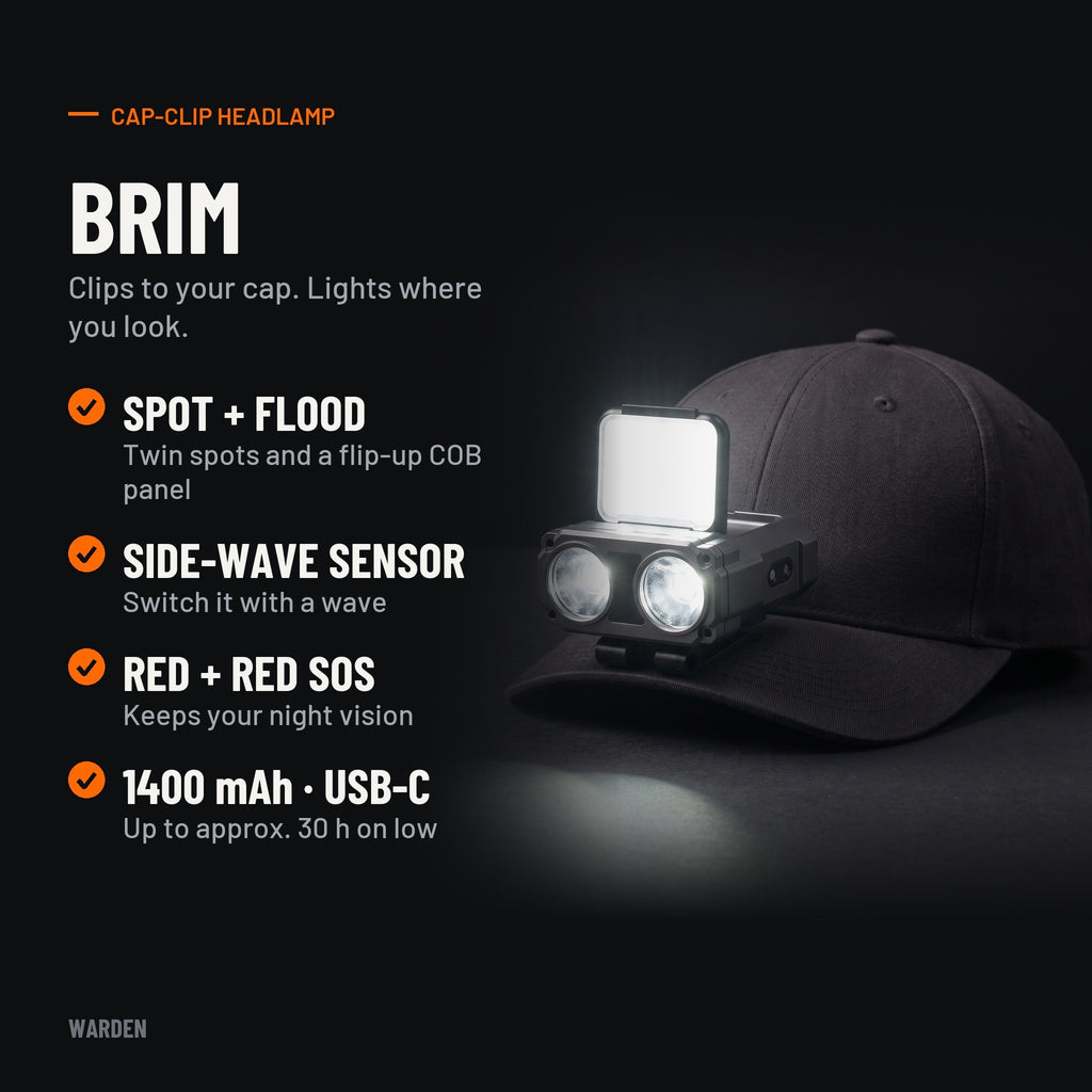 Warden Brim features: spot and flood, side-wave sensor, red light, 1400 mAh USB-C