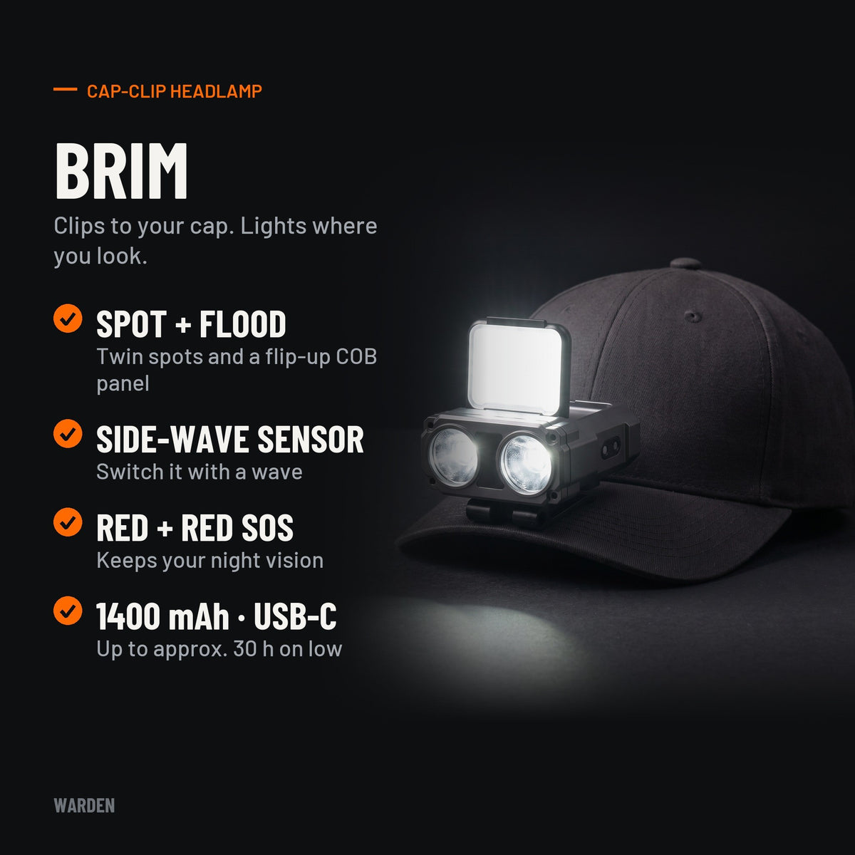 Warden Brim features: spot and flood, side-wave sensor, red light, 1400 mAh USB-C