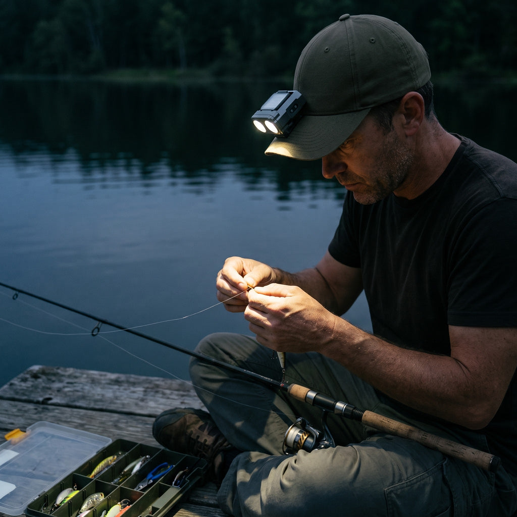 Angler tying a lure at night with the Warden Brim headlamp on his cap