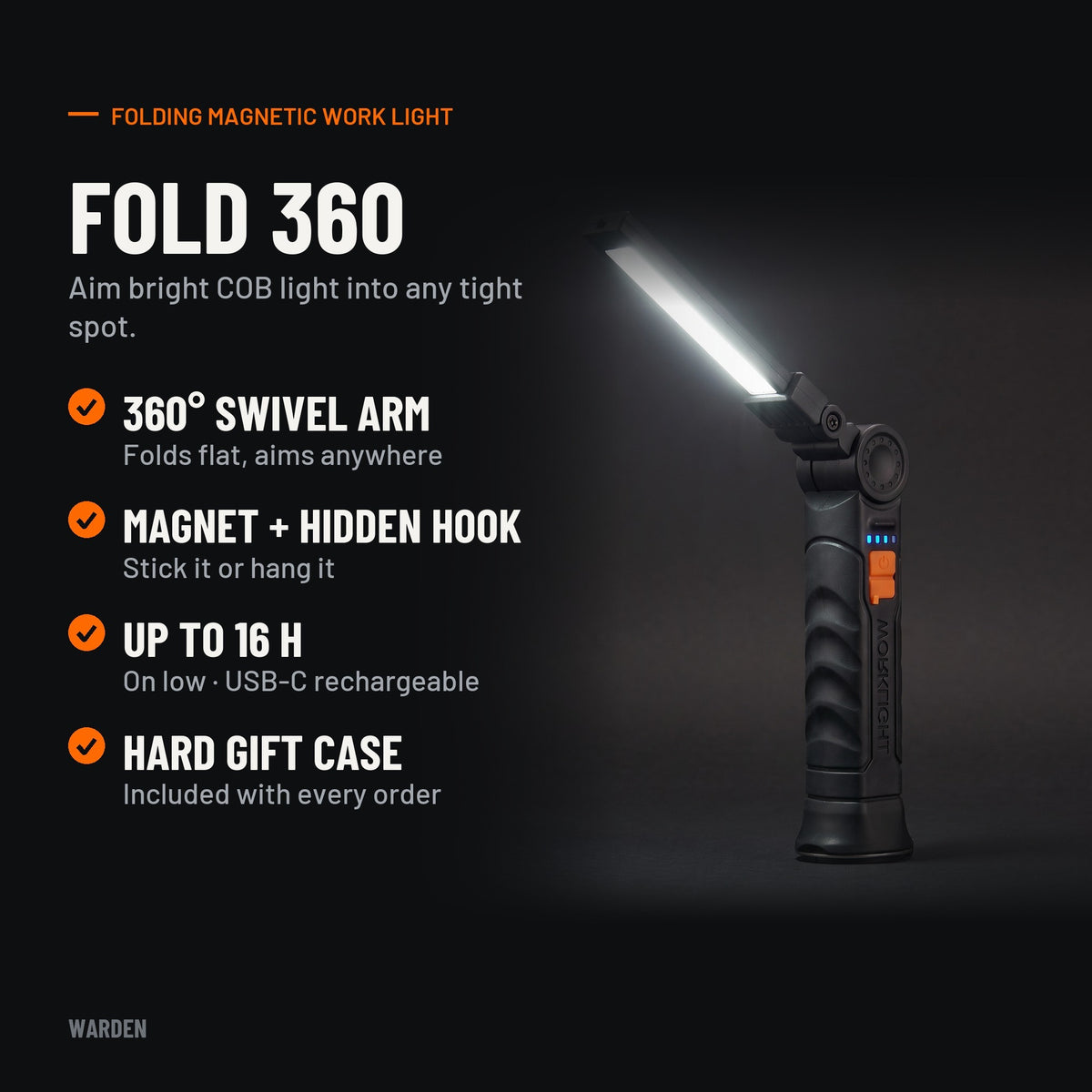 Fold 360 key features: 360° swivel arm, magnet and hidden hook, up to 16 hours, hard gift case