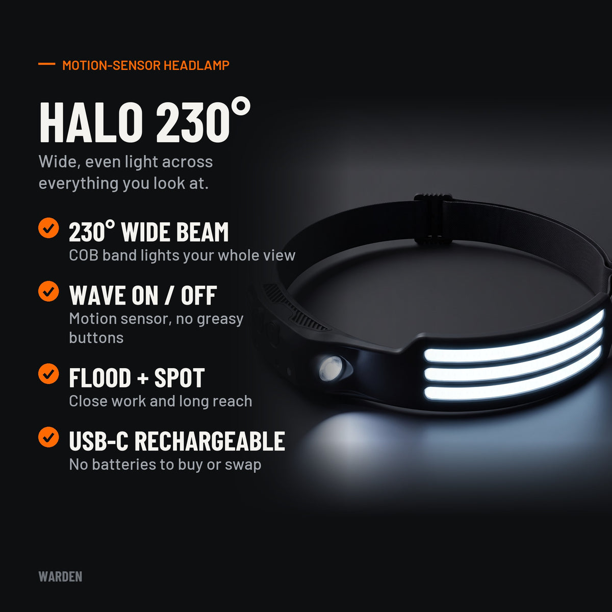 Halo 230 key features: 230° wide beam, wave on/off sensor, flood and spot, USB-C rechargeable