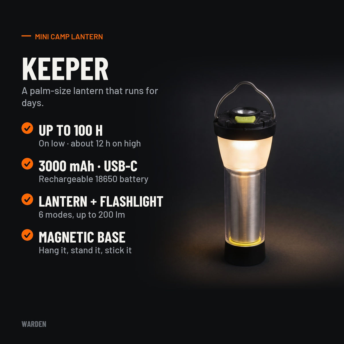 Warden Keeper features: up to 100 h on low, 3000 mAh USB-C, lantern and flashlight, magnetic base
