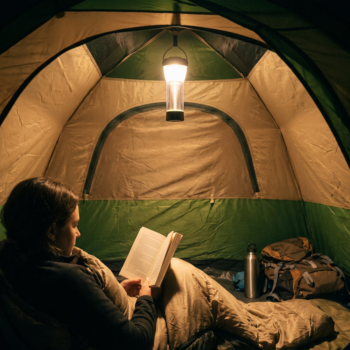 Warden Keeper lantern hanging inside a tent at night