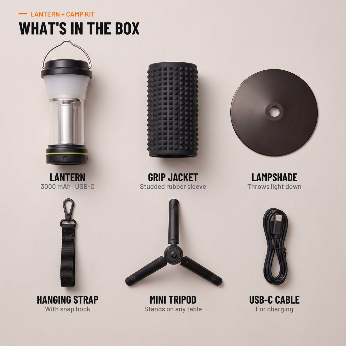 What's in the Warden Keeper Camp Kit: lantern, grip jacket, lampshade, hanging strap with snap hook, mini tripod and USB-C cable