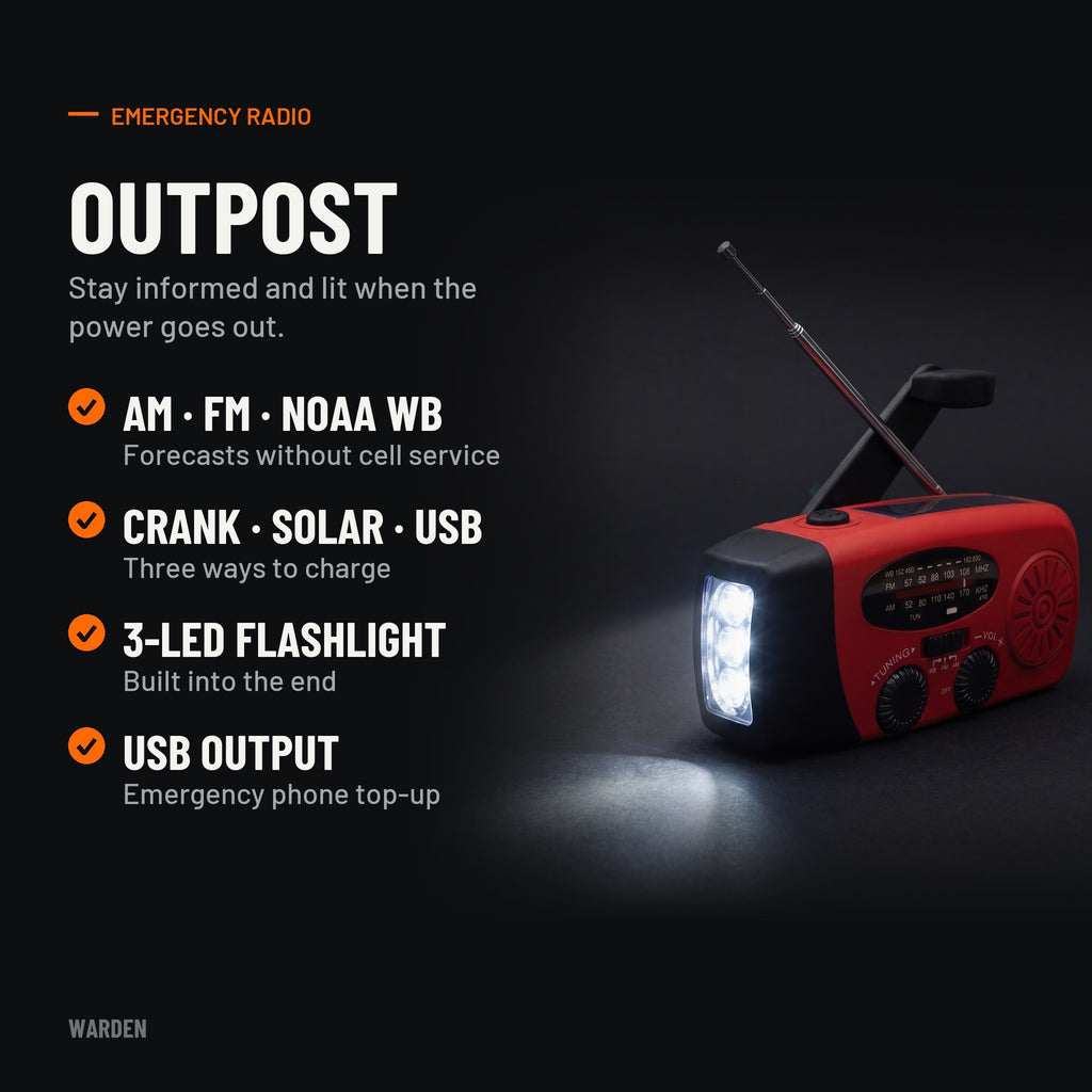 Warden Outpost features: AM, FM and NOAA weather band, crank, solar and USB charging, flashlight, USB output