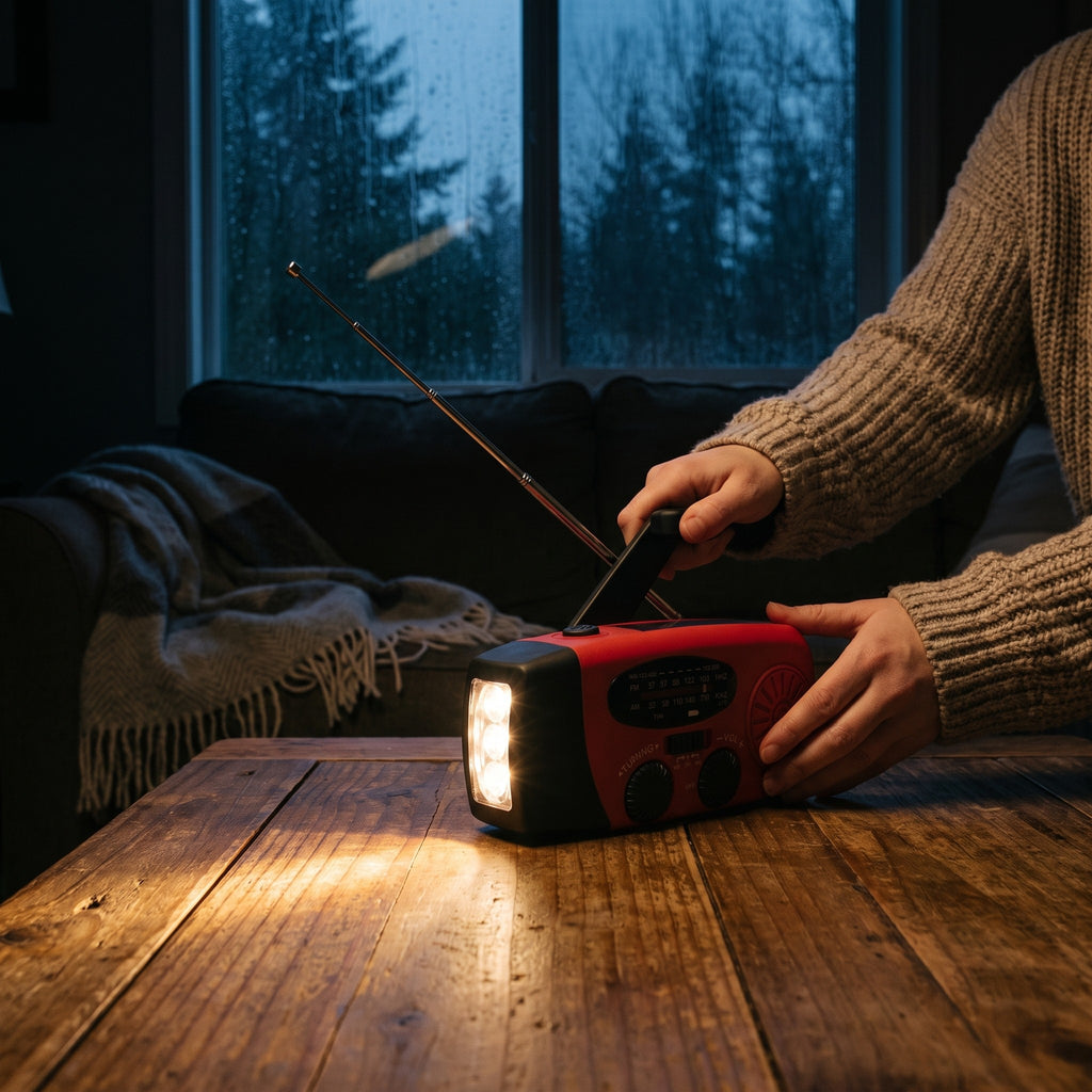 Cranking the Warden Outpost radio during a power outage