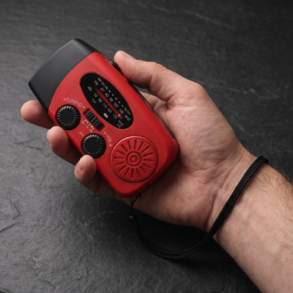 Warden Outpost radio held in one hand to show its size