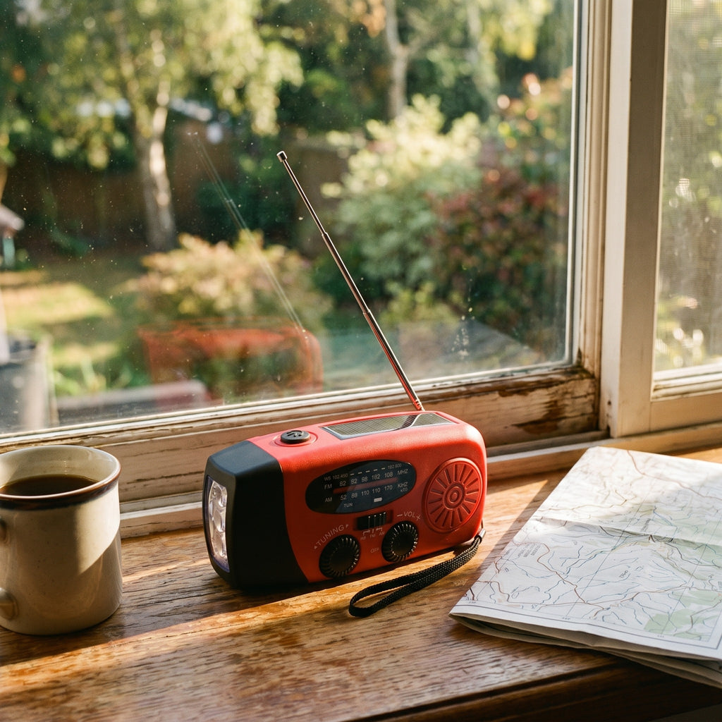 Warden Outpost radio charging from the sun on a windowsill