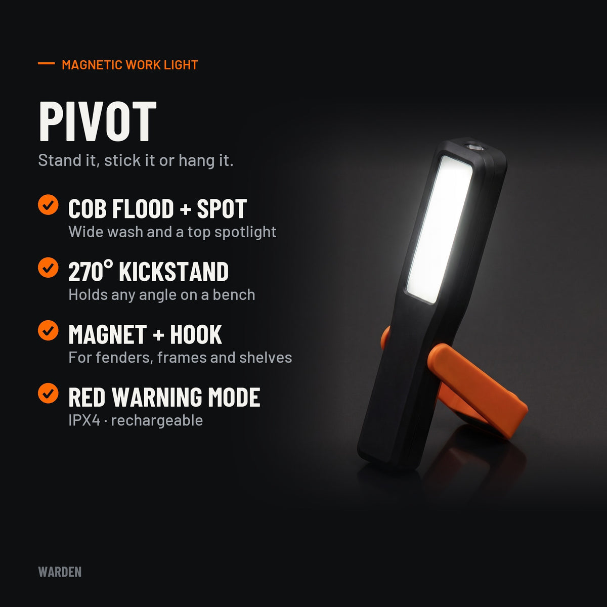 Pivot key features: COB flood and spot, 270° kickstand, magnet and hook, red warning mode