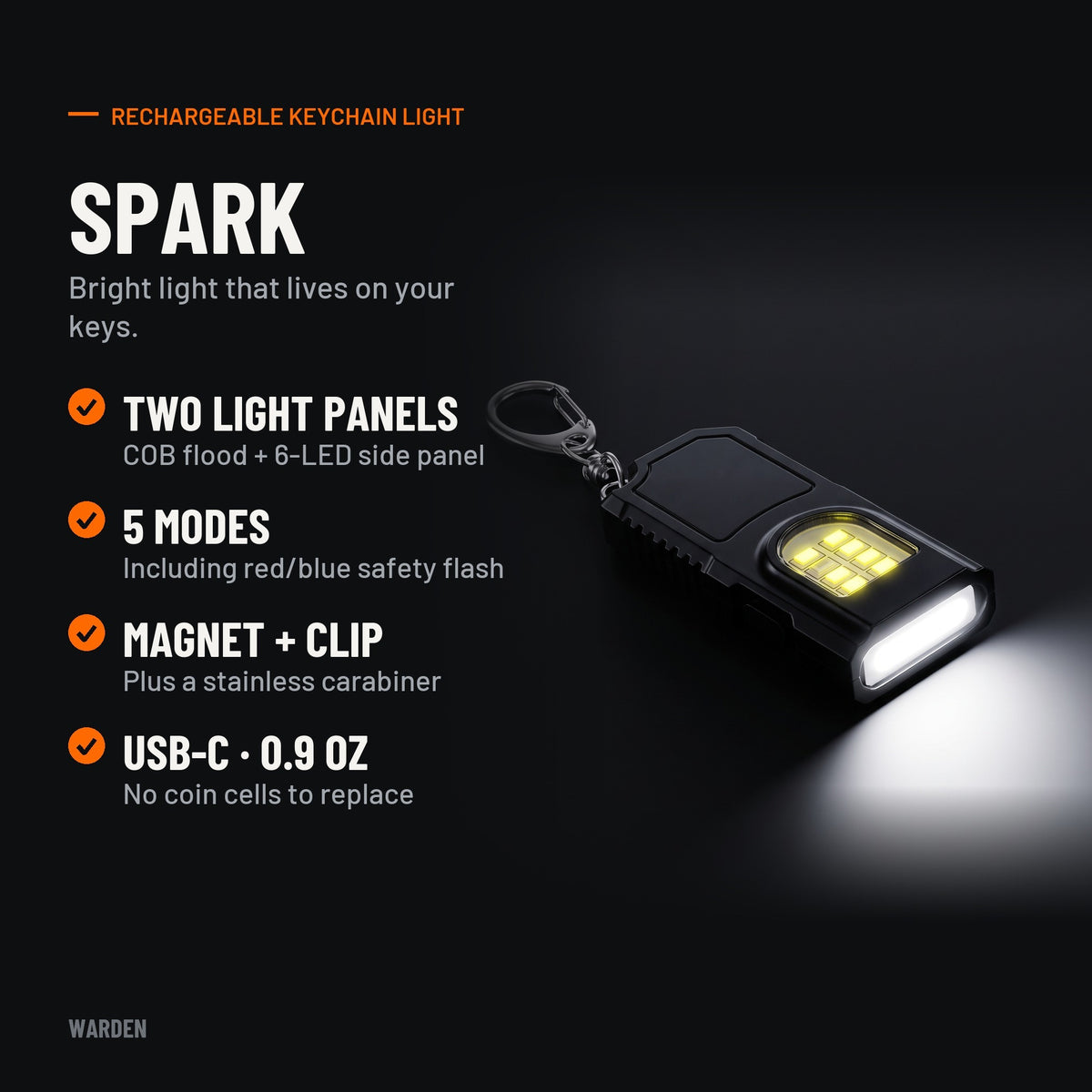 Spark key features: two light panels, 5 modes, magnet and clip, USB-C